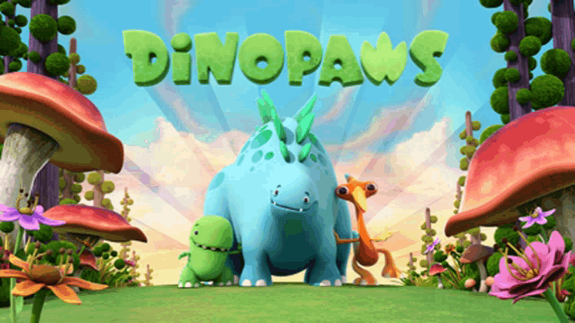 a poster for a cartoon called dinopaws with mushrooms and flowers in the background