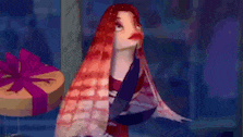 a cartoon character with red hair is standing in front of a blue background .