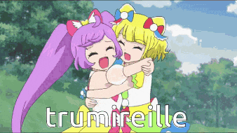 two anime girls hugging each other with the word trumireille in the corner