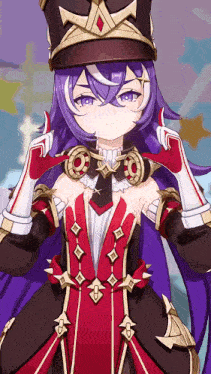 a purple haired anime girl wearing a hat and gloves giving a thumbs up