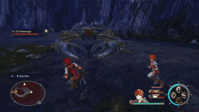 a screenshot of a video game shows a man fighting a giant crab