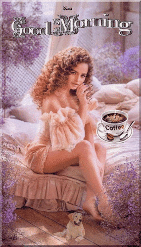 a woman sitting on a bed with a cup of coffee and the words good morning