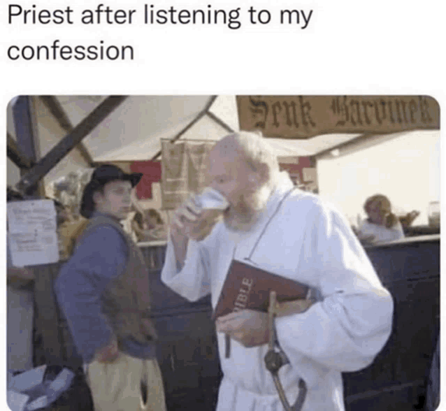 a priest is drinking from a cup while holding a bible .