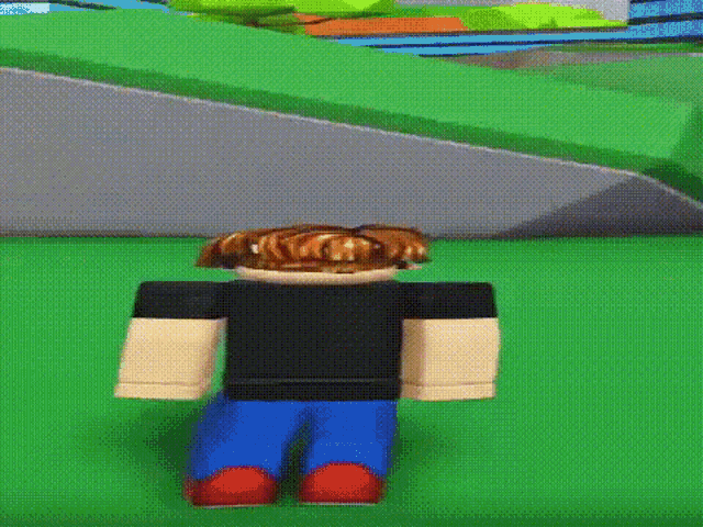 a cartoon character is standing on a grassy field in a video game .