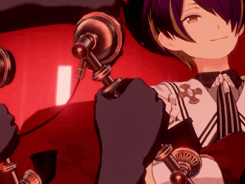 a girl with purple hair is holding a microphone in front of a red background