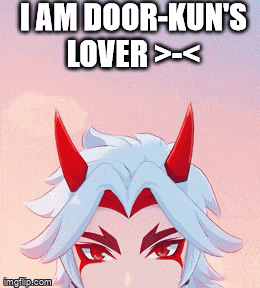 a cartoon character with red horns says i am door-kun 's lover >