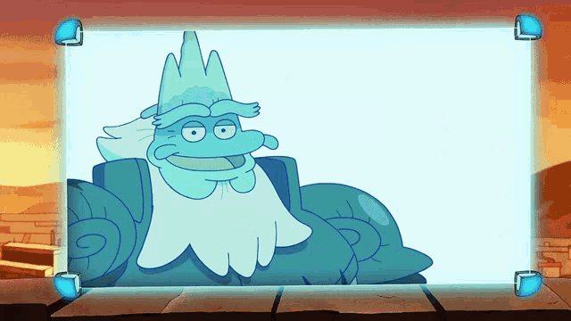 a cartoon of a man with a beard and a mountain on his head