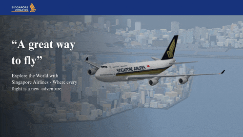 an advertisement for singapore airlines shows a plane flying over the city