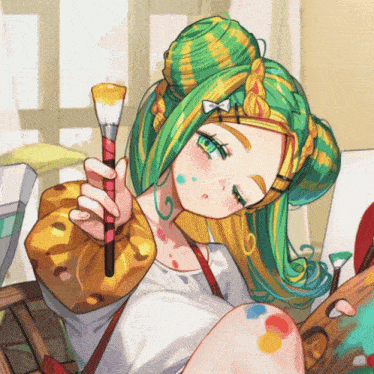 a girl with green and yellow hair is holding a brush