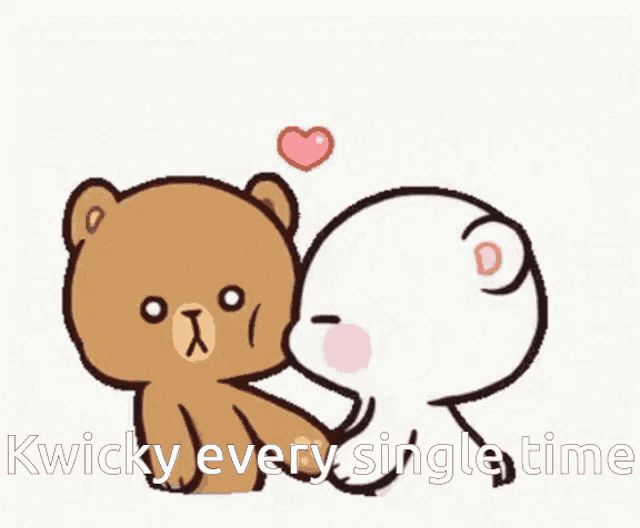 a couple of teddy bears are kissing each other and holding a heart in their hands .