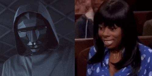 a man in a hooded mask next to a woman