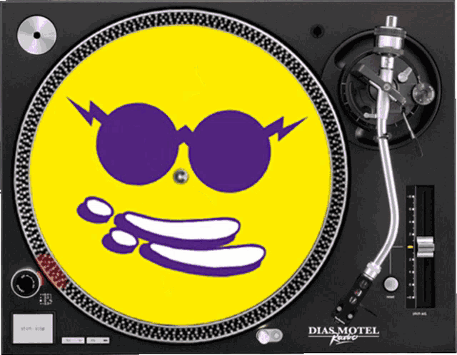 a dias motel record player with a yellow and purple smiley face