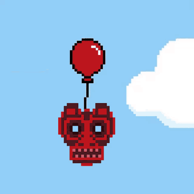 a pixel art of a skull holding a red balloon in the sky
