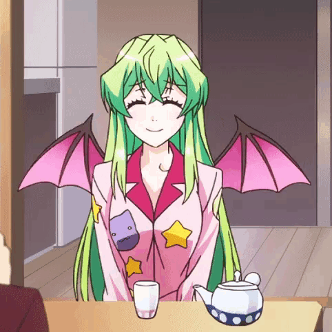 a girl with green hair and pink wings sits at a table with two cups