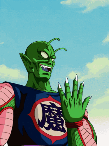 a green cartoon character with chinese writing on his chest