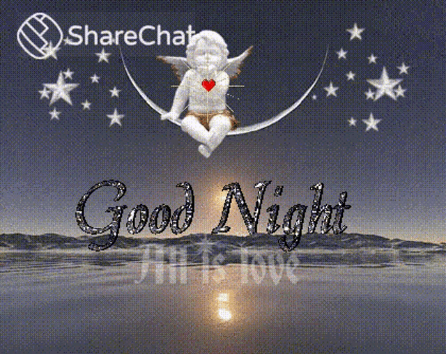 a baby angel is sitting on a crescent moon with the words `` good night '' written above it .