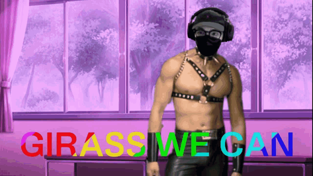 a man with headphones and a mask stands in front of a window with the words girass we can written on it