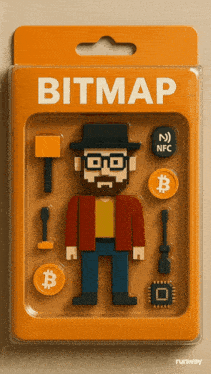 a box with a man in a hat and glasses and the word bitmap on it