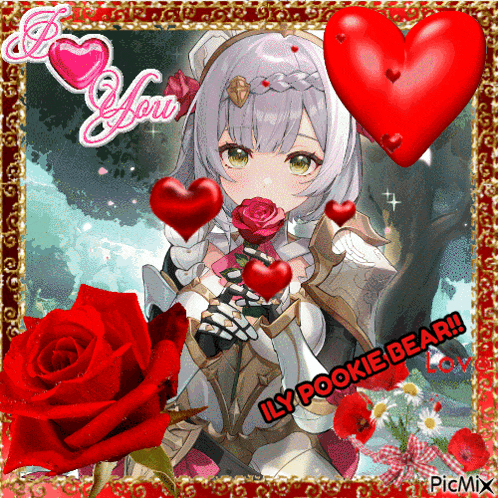 a picture of a girl holding a rose with hearts around her and the caption illy pooke bear