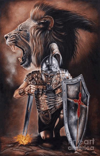 a painting of a roman soldier with a sword and shield
