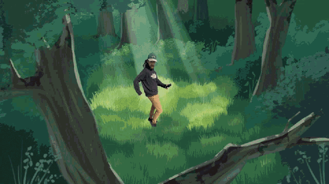 a drawing of a person in a forest with a bird 's head