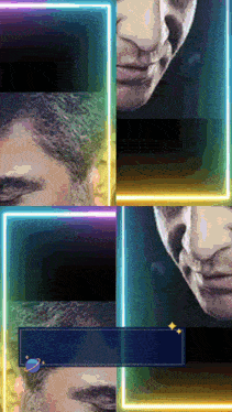 a picture of a man 's face with a planet in the lower right corner