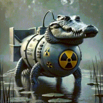a crocodile is carrying a nuclear bomb on its back in the water .