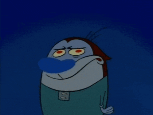 a close up of a cartoon character 's face with a blue nose