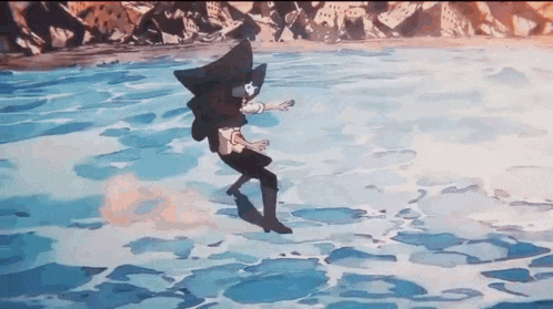a cartoon character is standing in the water and dancing .