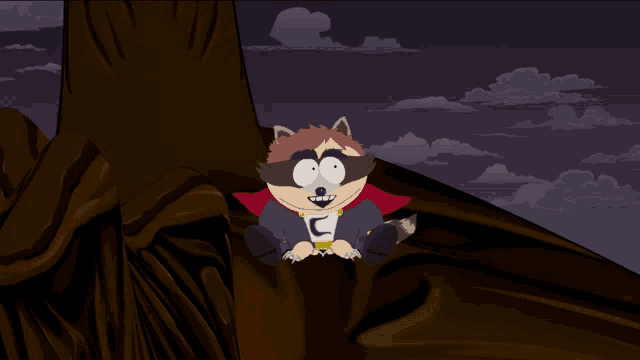 a raccoon with a cape and a letter c on his chest