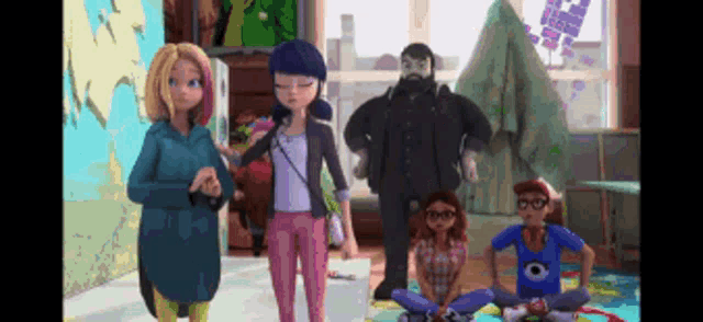 a group of cartoon characters are standing and sitting on the floor in a room .