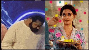 a woman is holding a plate of food next to a man with a beard .