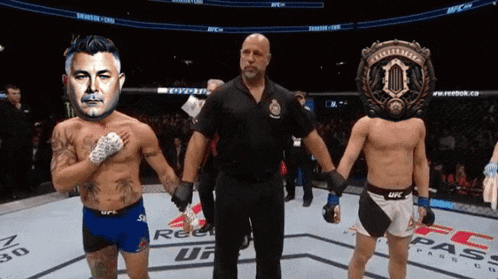 a referee stands between two fighters in a boxing ring that says ufc pass
