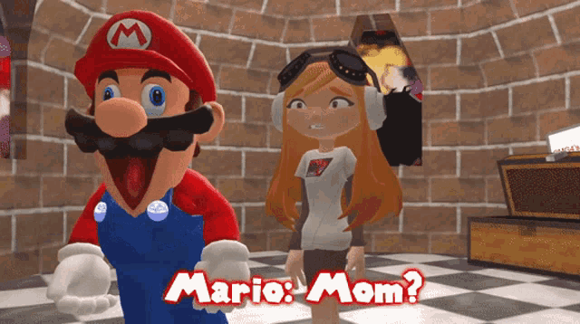 a mario and a girl are standing next to each other in a room with the words mario mom below them
