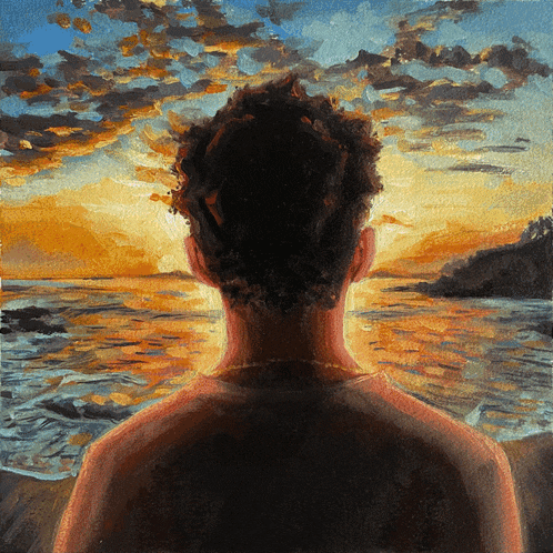 a painting of a man looking out over a body of water