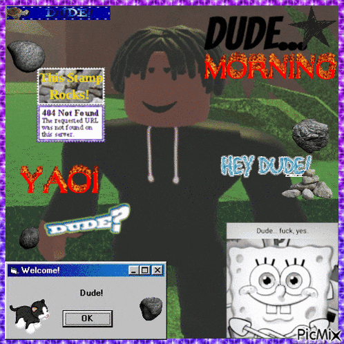 a picture of a boy with rocks and the words dude morning at the top