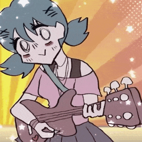 a cartoon girl is playing a guitar in front of a yellow background .