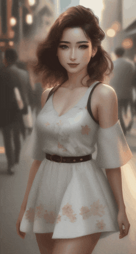 a woman in a white dress is standing on a city street