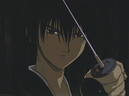 a man with red hair is holding a sword with a purple blade