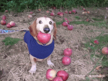 a dog in a blue sweater is eating an apple