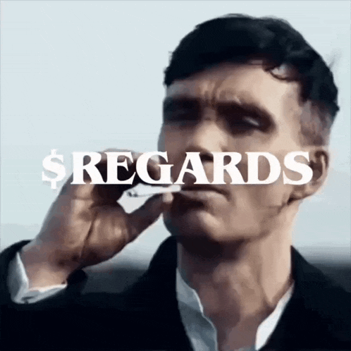 a man smoking a cigarette in front of a sign that says regards