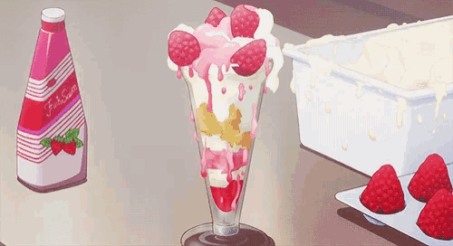 a strawberry sundae in a glass with strawberries and whipped cream on a table .