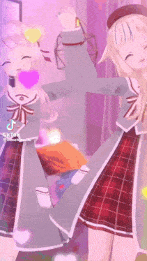 two anime girls are dancing in a room with a purple background .