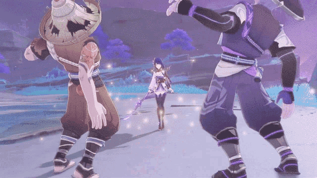 a video game character with a sword is surrounded by two ninjas
