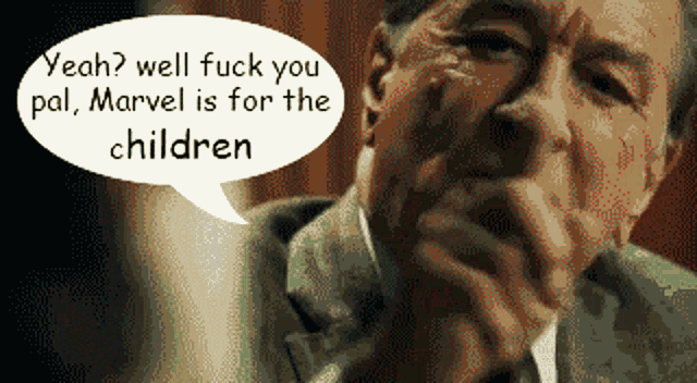 a pixelated image of a man saying yeah well fuck you pal marvel is for the children