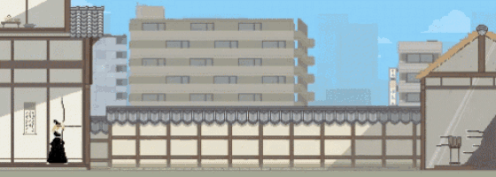 a pixel art of a man holding a sword in front of a building with a sign that says hotel