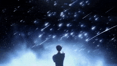 a man is standing in front of a starry night sky looking up at the stars .