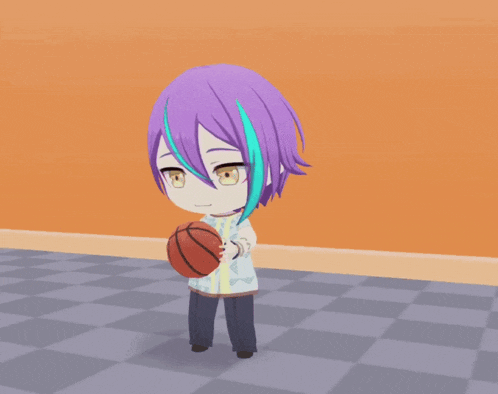 a cartoon girl with purple hair is holding a basketball