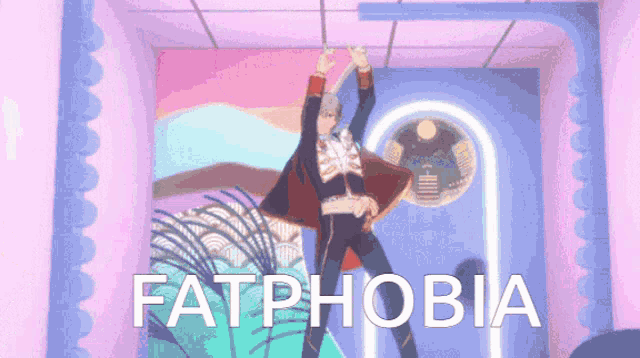 a man is dancing in front of a sign that says fatphobia on it