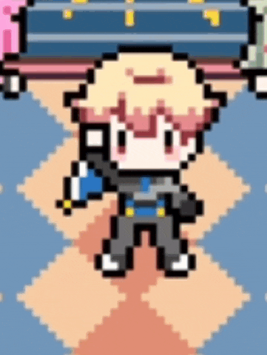a pixel art of a boy holding a sword in front of a suitcase .